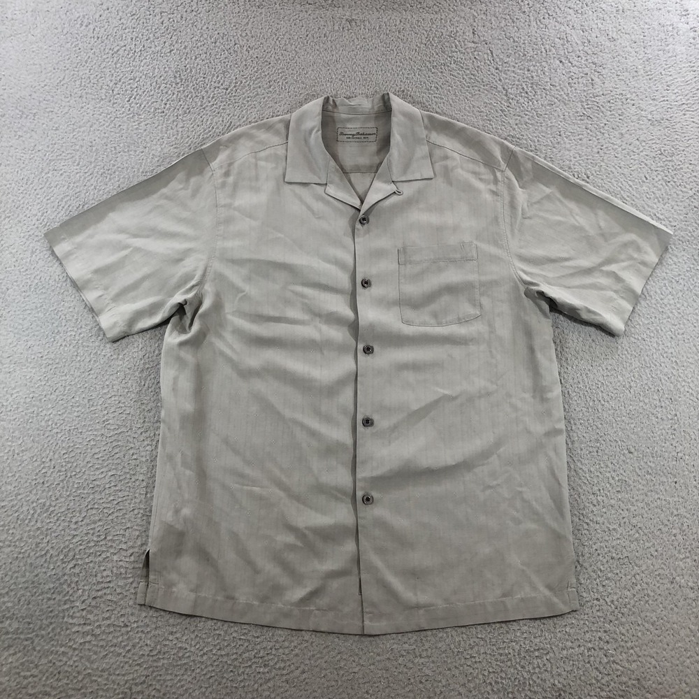 Tommy Bahama Shirt Mens Medium Gray 100% Silk Camp Aloha Button Original Fit